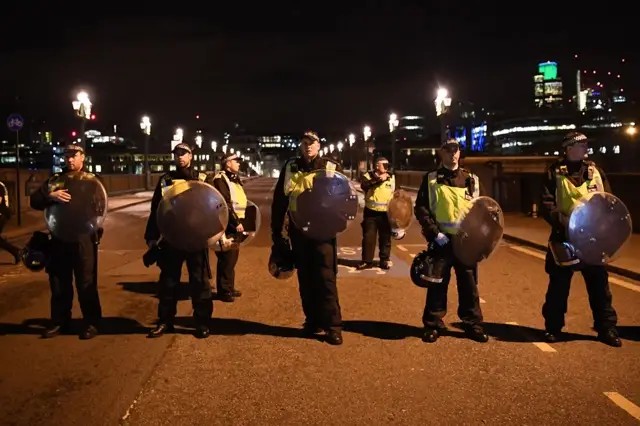 Police at the scene at Southwark Bridge after an attack on London Bridge on June 4, 2017 in London, England